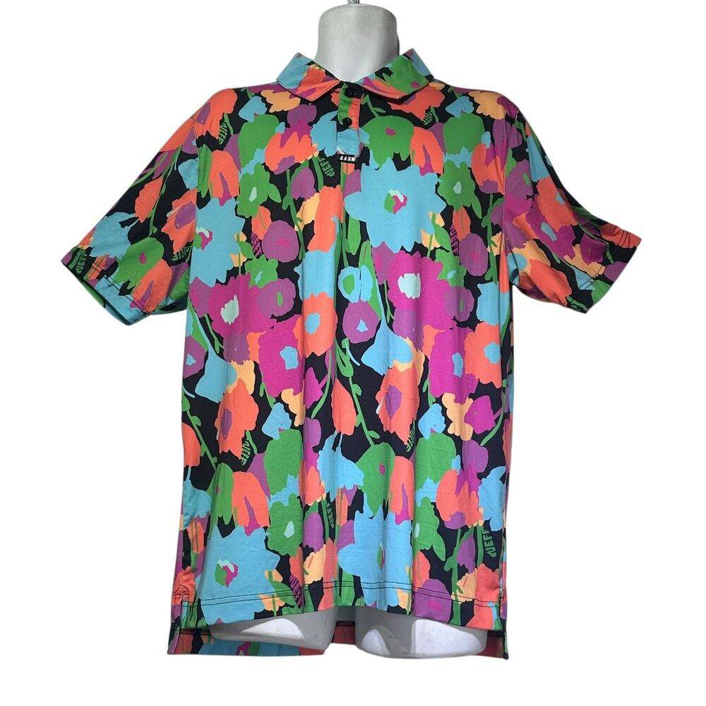 Neff Floral Polo Shirt L Colorblock Streetwear Skate Y2K Casual Graphic Top
